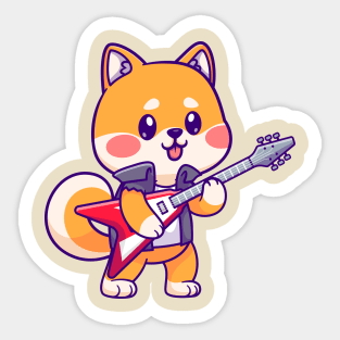 Cute Shiba Inu Playing Electric Guitar Cartoon Sticker